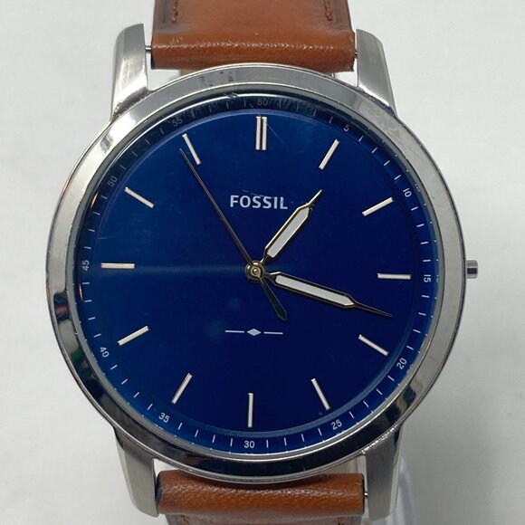 Fossil Minimalist Watch Men MISSING CROWN 44mm Silver Tone Blue Dial Leather - Picture 1 of 16